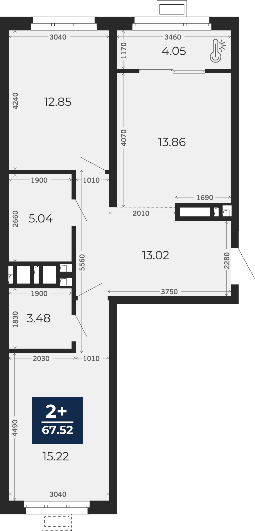Квартира № 264, 2-комнатная, 67.52 кв. м, 11 этаж