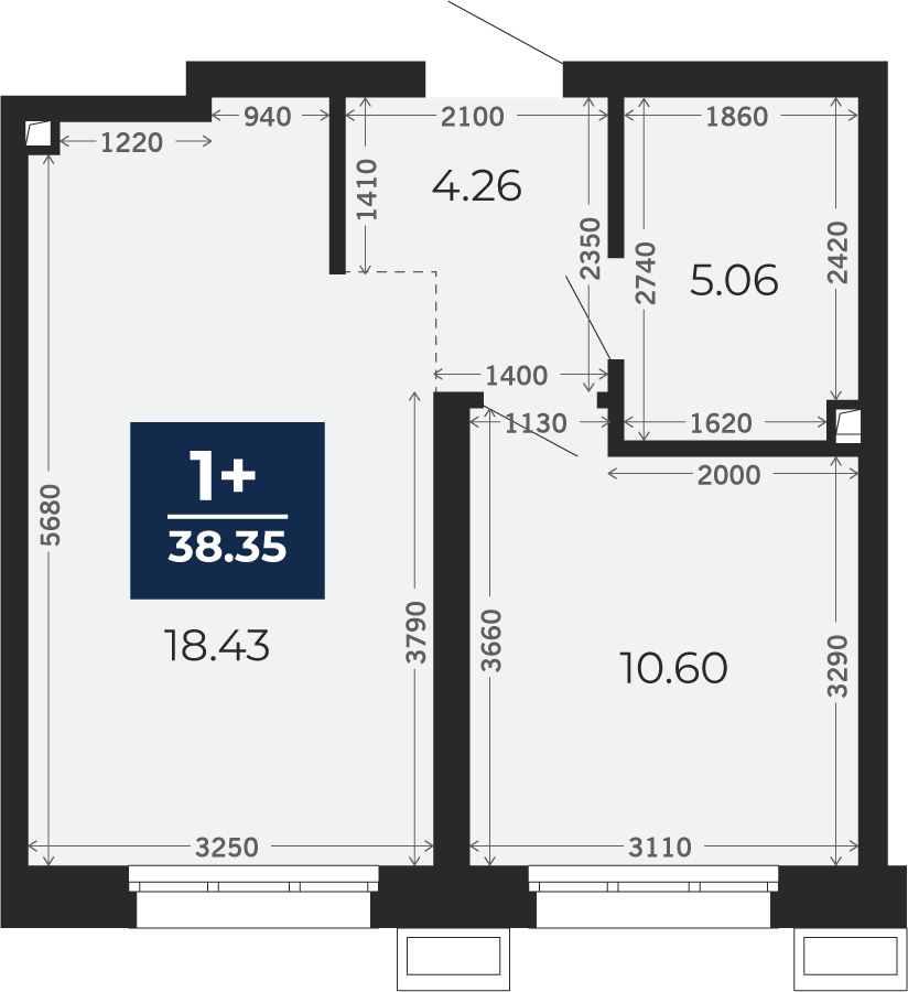 Квартира № 747, 1-комнатная, 38.35 кв. м, 1 этаж