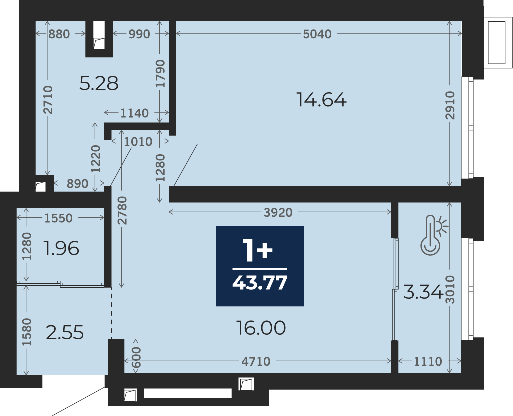 Квартира № 156, 1-комнатная, 43.77 кв. м, 1 этаж