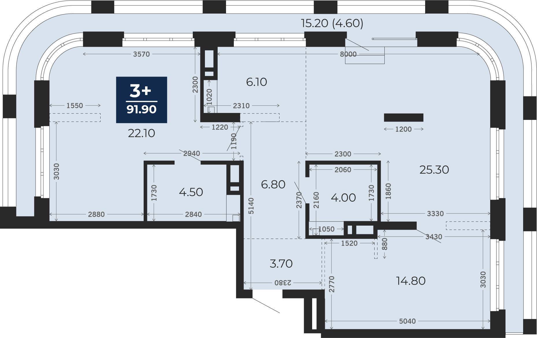 Квартира № 452, 3-комнатная, 92.4 кв. м, 13 этаж