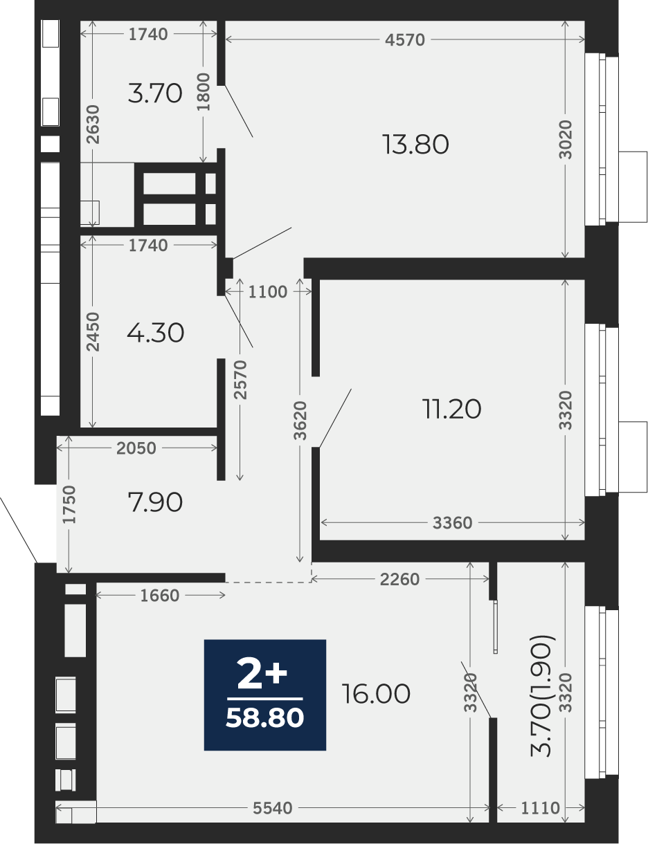 Квартира № 304, 2-комнатная, 60.6 кв. м, 3 этаж