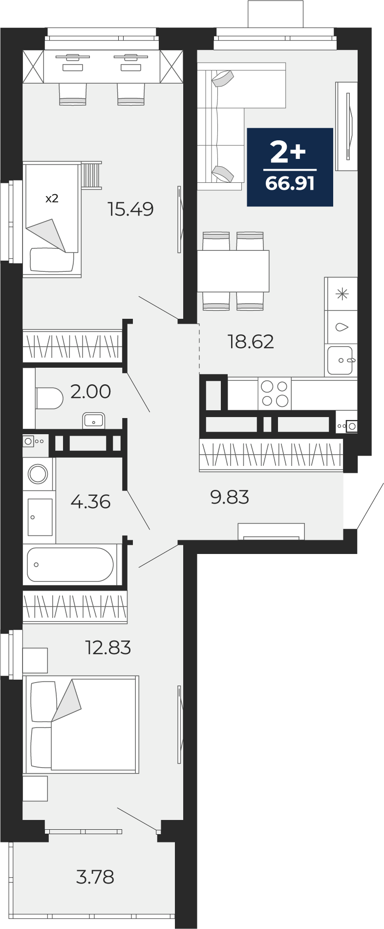 Планировка: Евротрешка 66.9 м² в ЖК Прео, Тюменская слобода