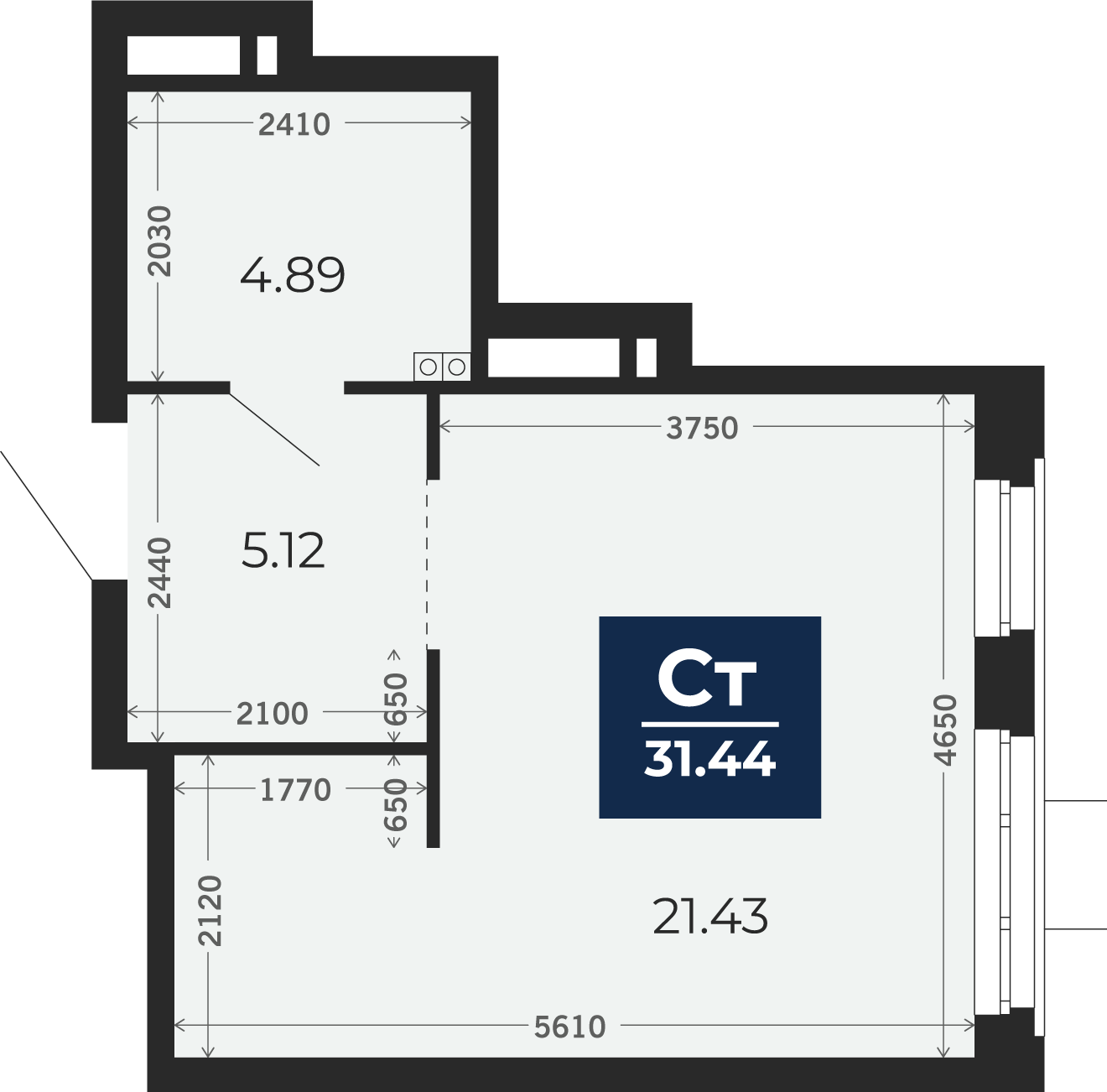 Квартира № 230, Студия, 31.44 кв. м, 18 этаж