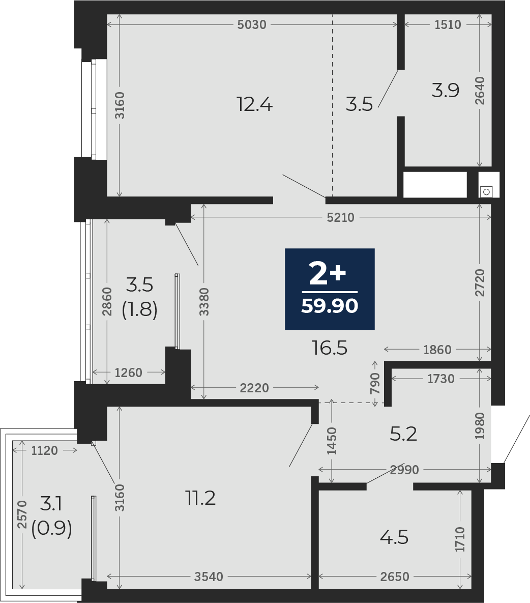 Квартира № 111, 2-комнатная, 63.8 кв. м, 12 этаж