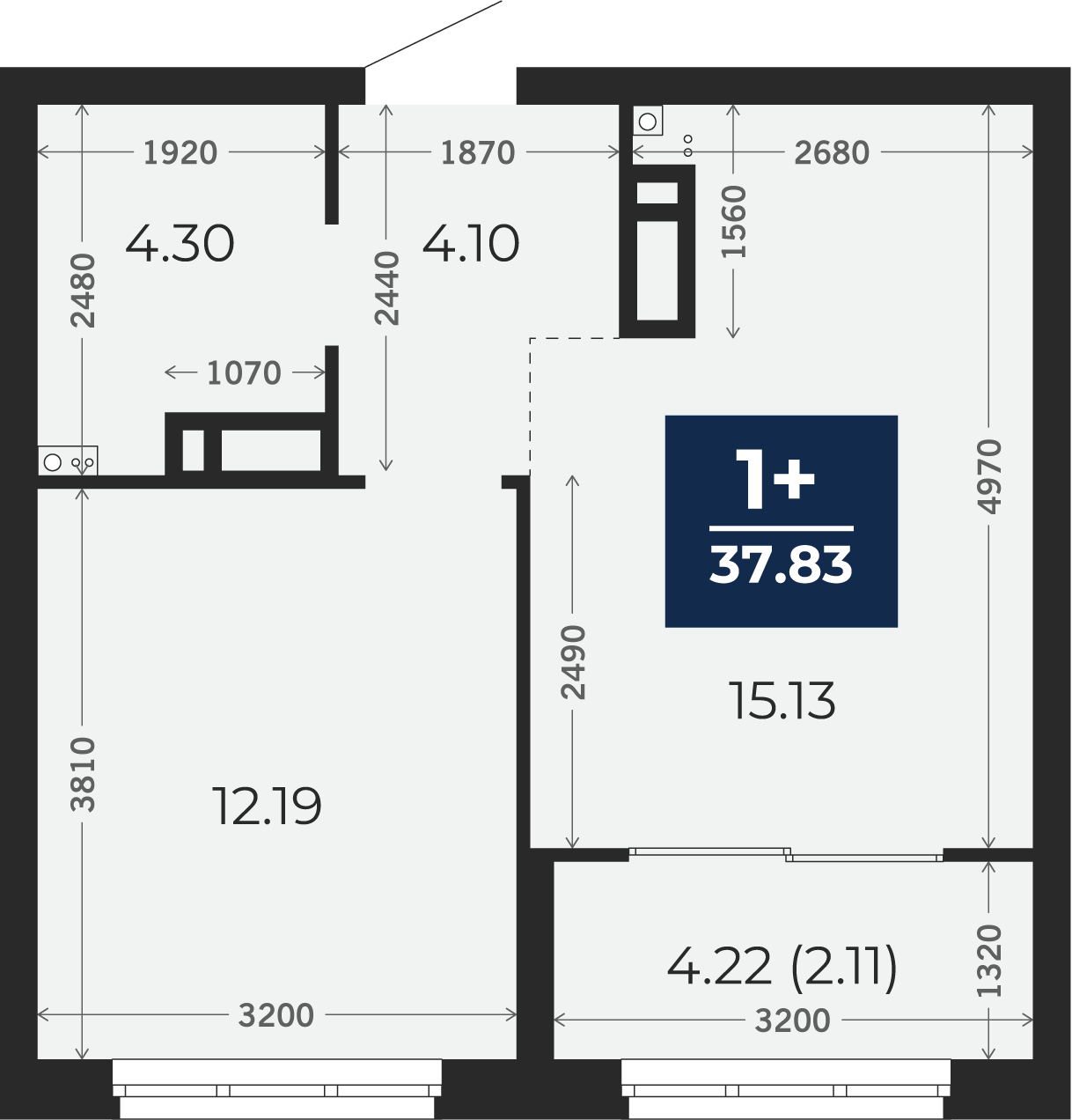 Квартира № 255, 1-комнатная, 37.83 кв. м, 8 этаж