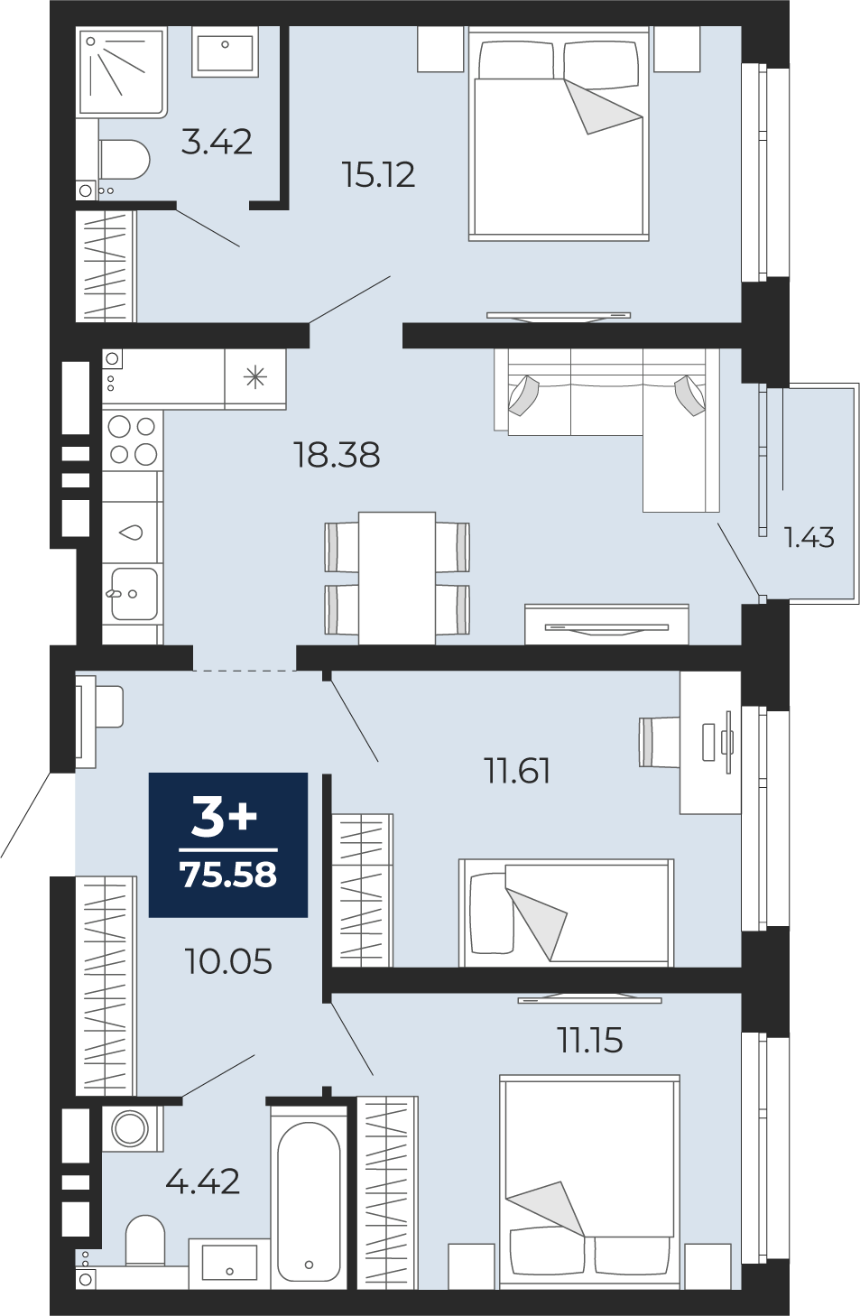 Квартира № 379, 3-комнатная, 75.58 кв. м, 12 этаж