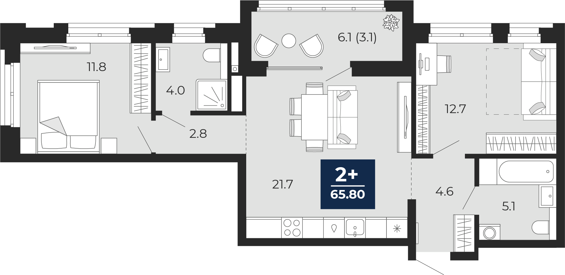 Квартира № 43, 2-комнатная, 65.8 кв. м, 9 этаж, проект «Мириады», корпус  ГП-72.104 по цене 7 272 000 ₽ от застройщика «ЭНКО»