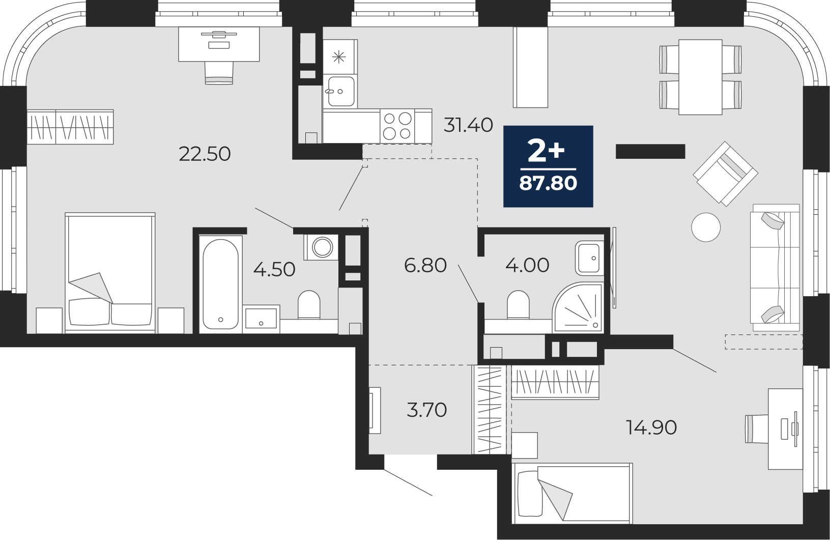 Квартира № 456, 2-комнатная, 87.8 кв. м, 14 этаж