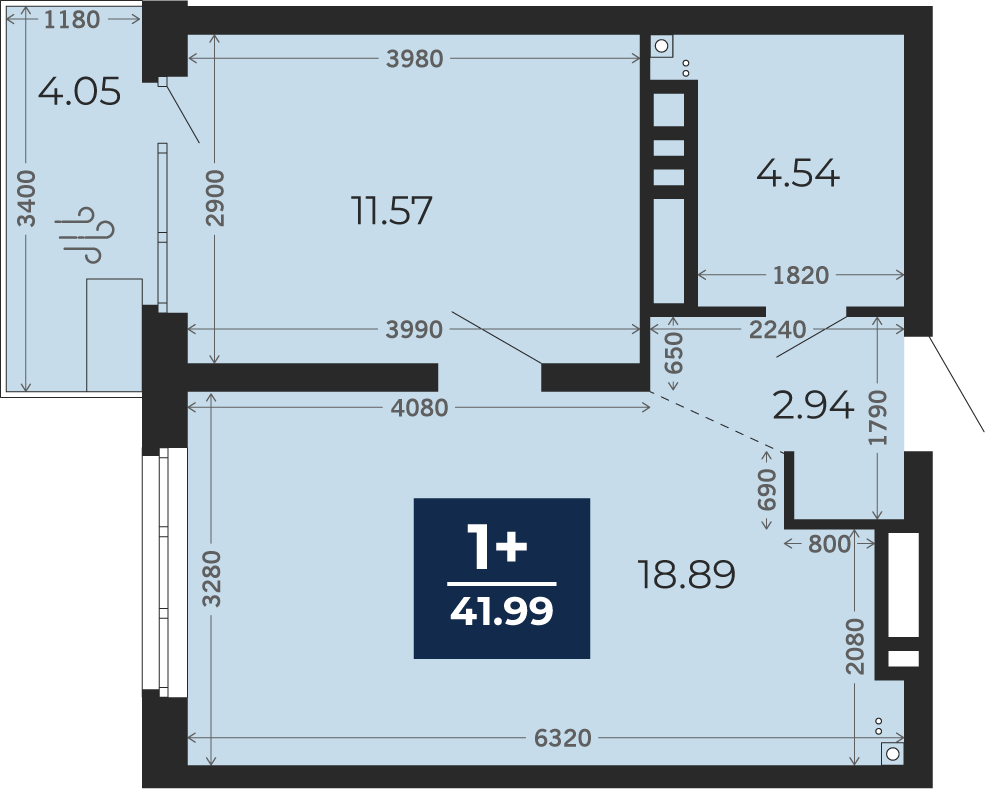 Квартира № 93, 1-комнатная, 39.16 кв. м, 2 этаж