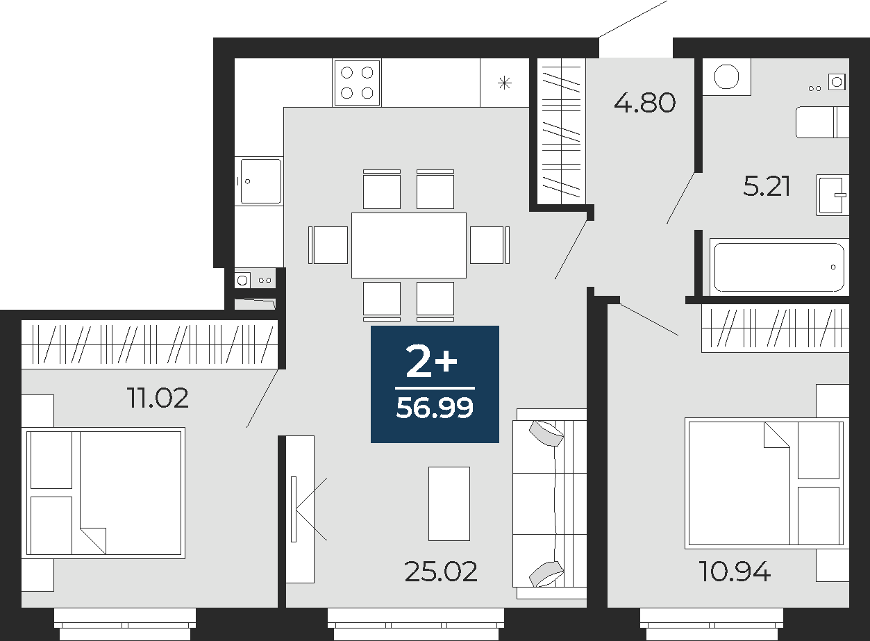 Квартира № 13, 2-комнатная, 56.99 кв. м, 2 этаж