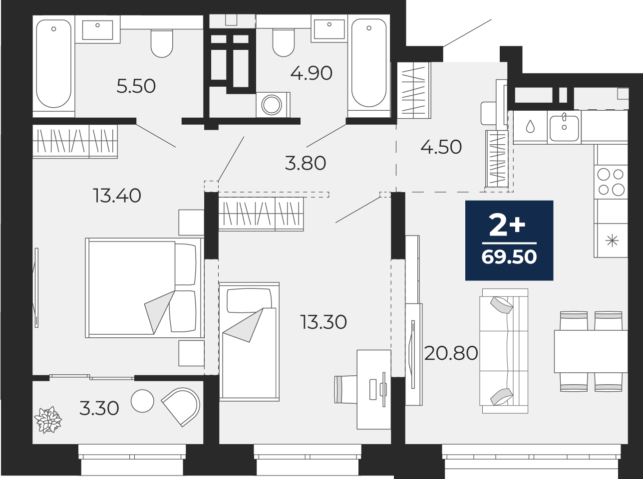 Квартира № 365, 2-комнатная, 69.5 кв. м, 3 этаж