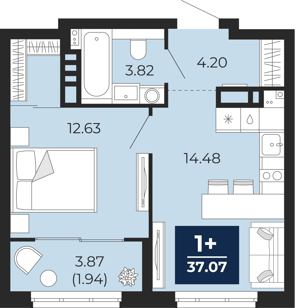 Квартира № 202, 1-комнатная, 37.07 кв. м, 9 этаж