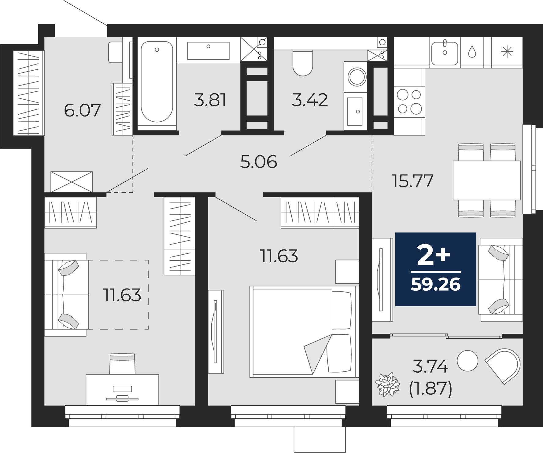 Квартира № 183, 2-комнатная, 59.26 кв. м, 13 этаж