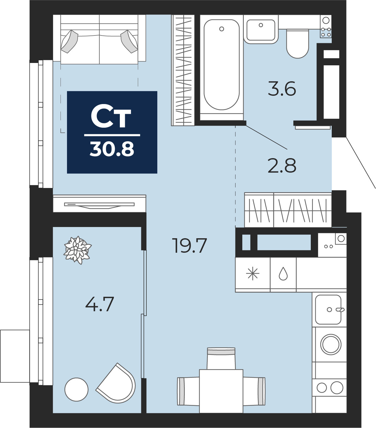 Квартира № 137, Студия, 31.53 кв. м, 11 этаж