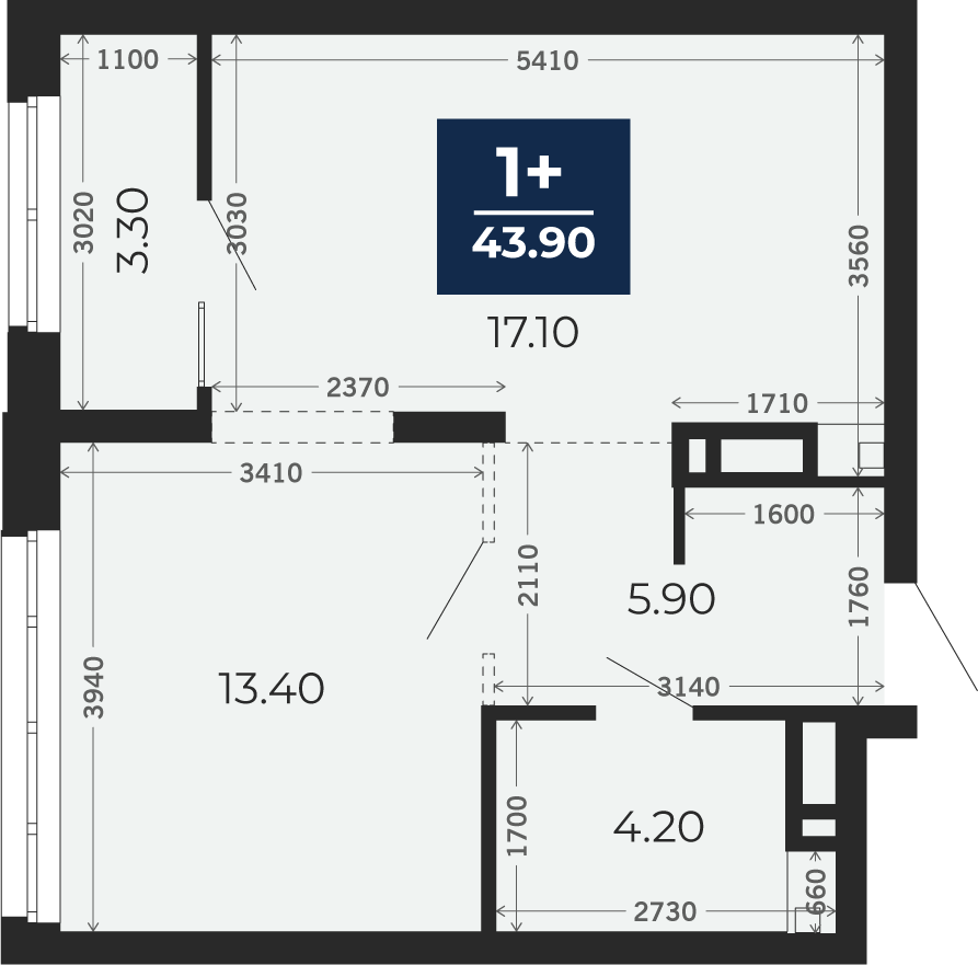 Квартира № 102, 1-комнатная, 43.9 кв. м, 12 этаж