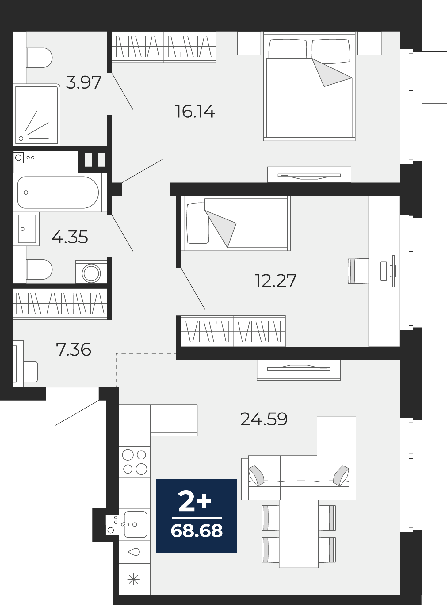 Квартира № 8, 2-комнатная, 68.68 кв. м, 2 этаж