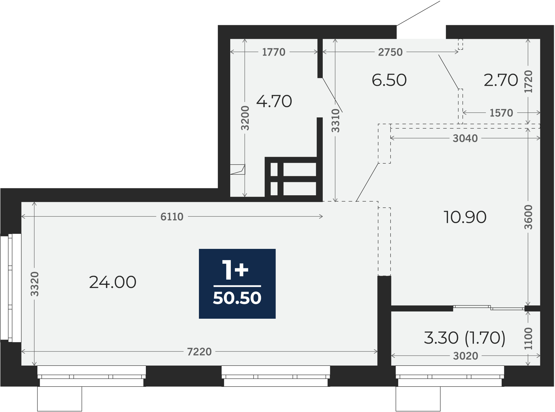 Квартира № 82, 1-комнатная, 50.5 кв. м, 13 этаж