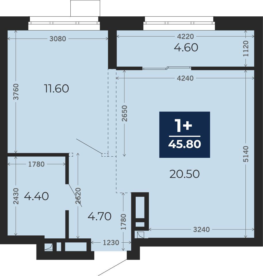 Квартира № 78, 1-комнатная, 45.8 кв. м, 13 этаж