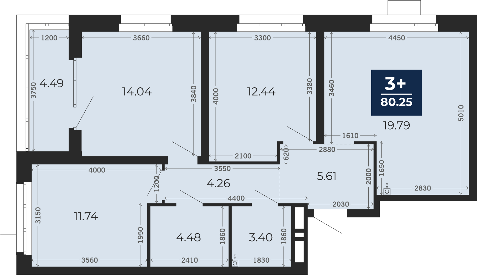 Квартира № 6, 3-комнатная, 78.01 кв. м, 2 этаж
