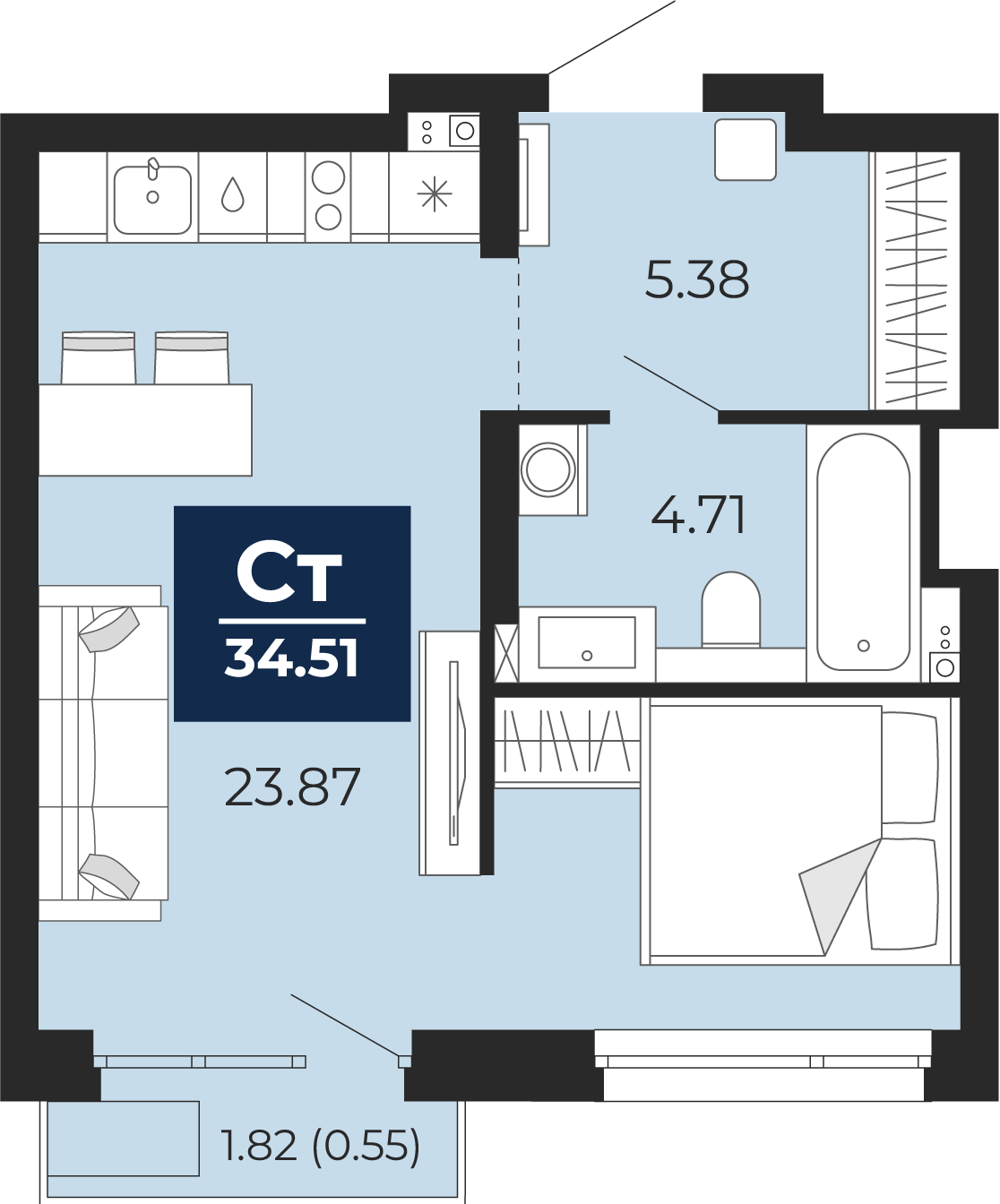 Квартира № 379, Студия, 34.51 кв. м, 10 этаж