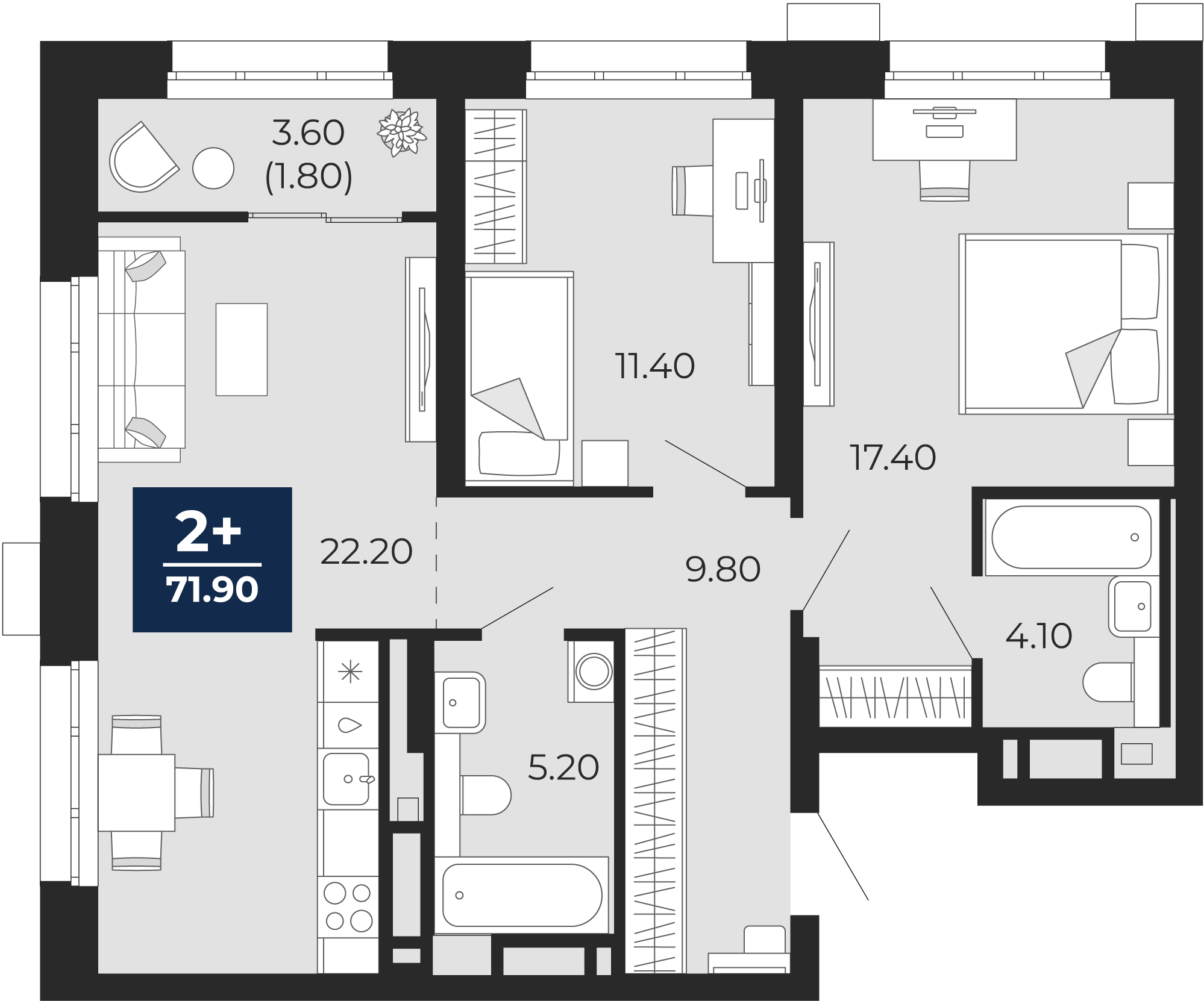 Квартира № 106, 2-комнатная, 71.9 кв. м, 3 этаж