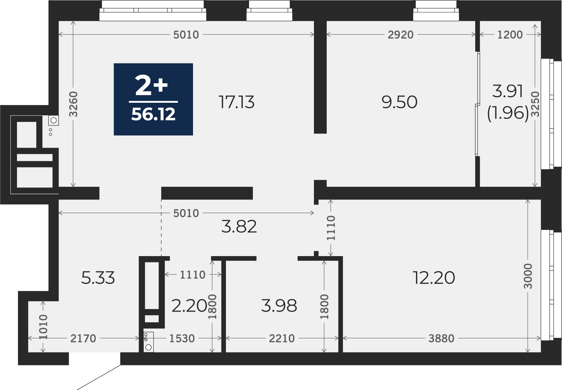 Квартира № 210, 2-комнатная, 56.12 кв. м, 22 этаж