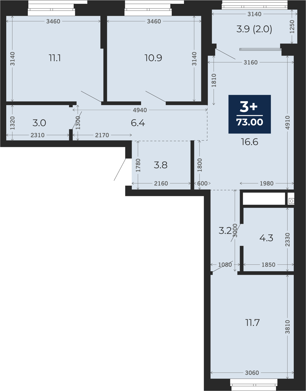 Квартира № 138, 3-комнатная, 73 кв. м, 7 этаж