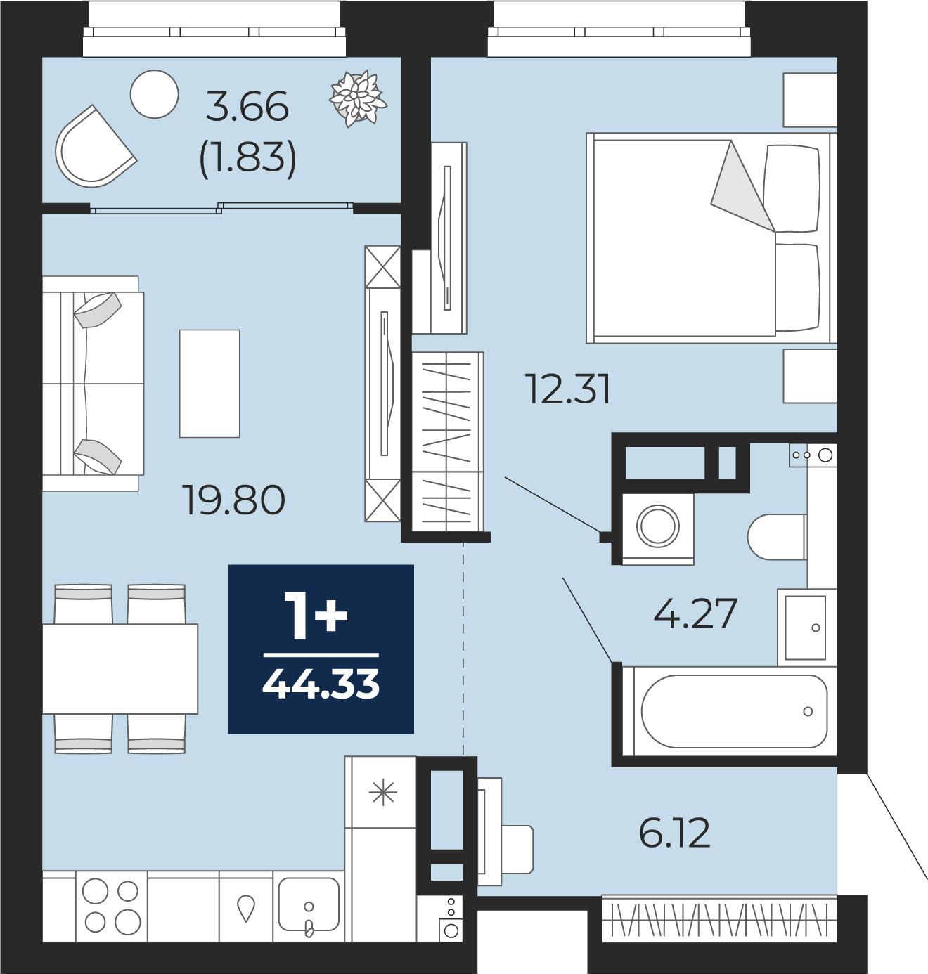 Квартира № 266, 1-комнатная, 44.33 кв. м, 7 этаж