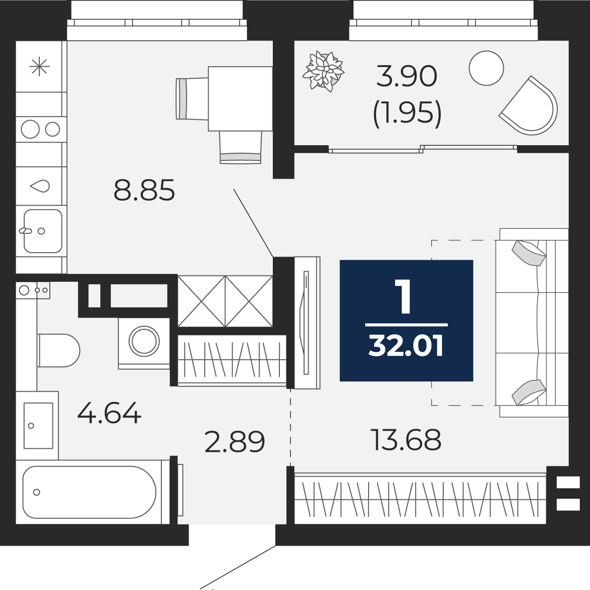 Квартира № 308, 1-комнатная, 32.01 кв. м, 13 этаж