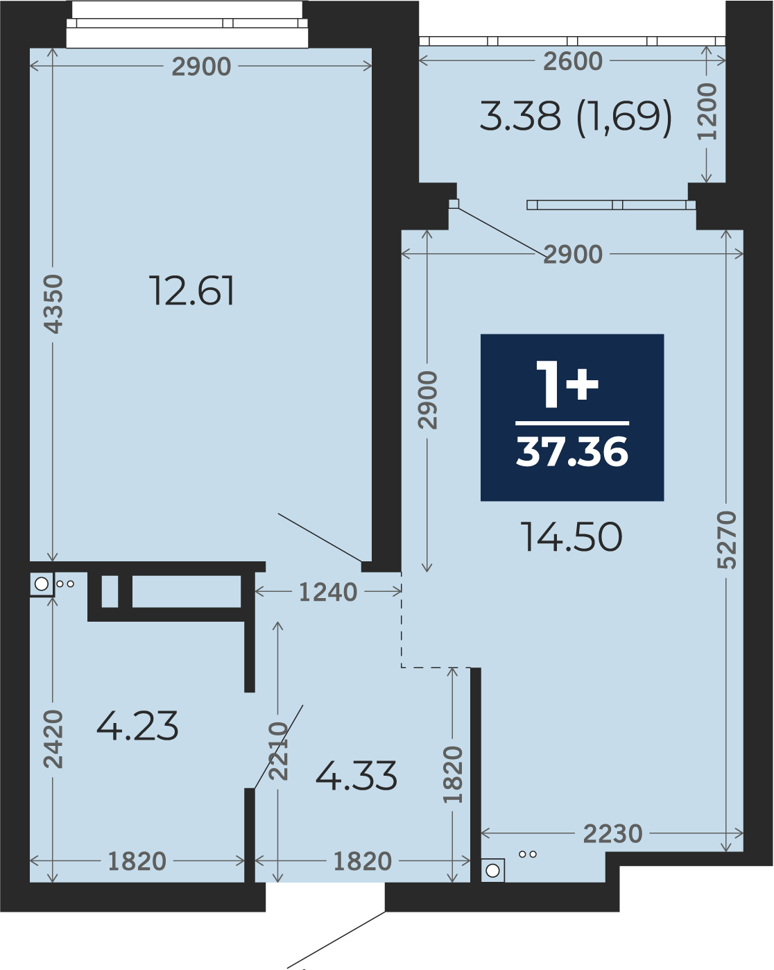 Квартира № 312, 1-комнатная, 37.36 кв. м, 21 этаж