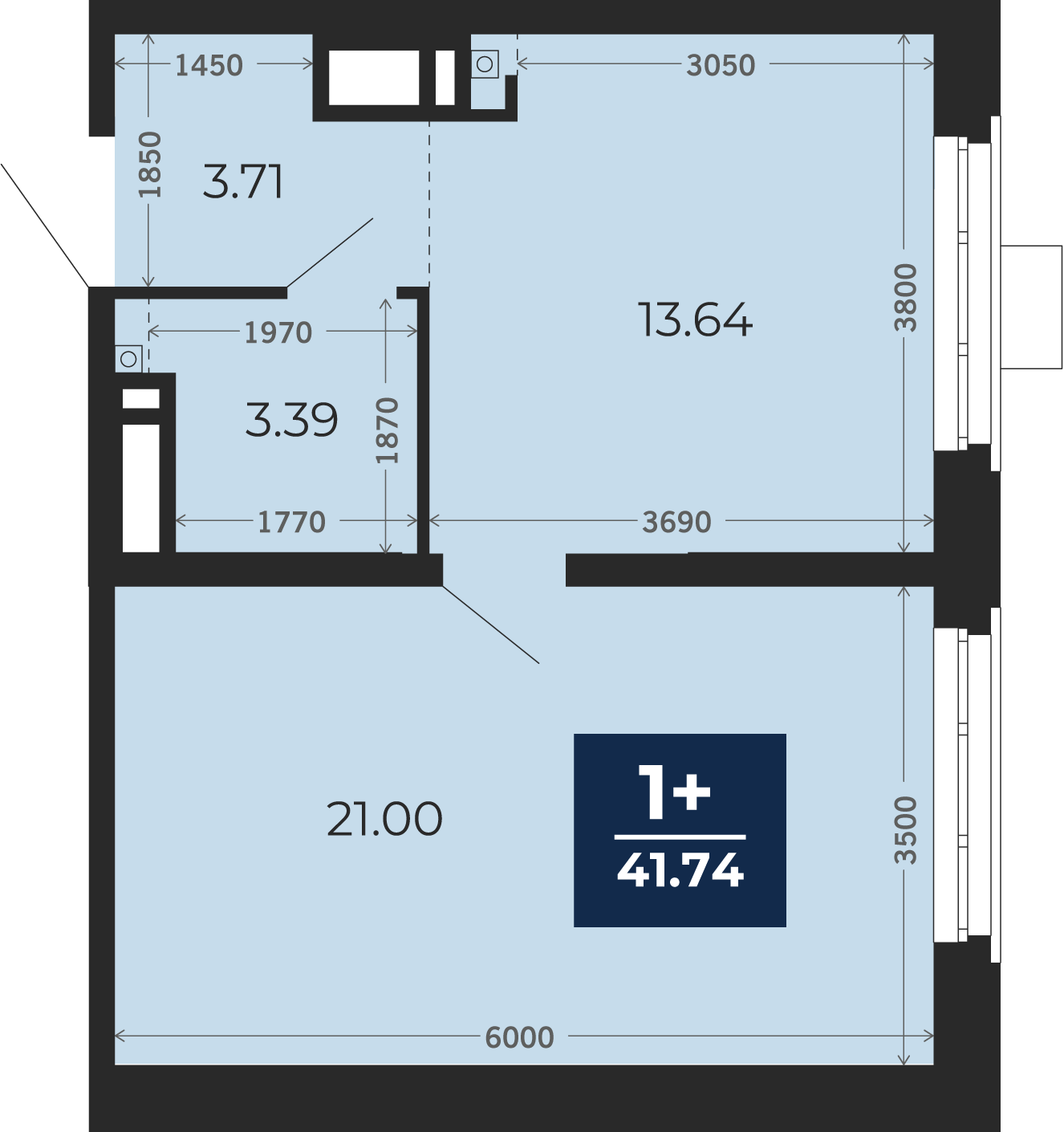 Квартира № 96, 1-комнатная, 41.74 кв. м, 3 этаж