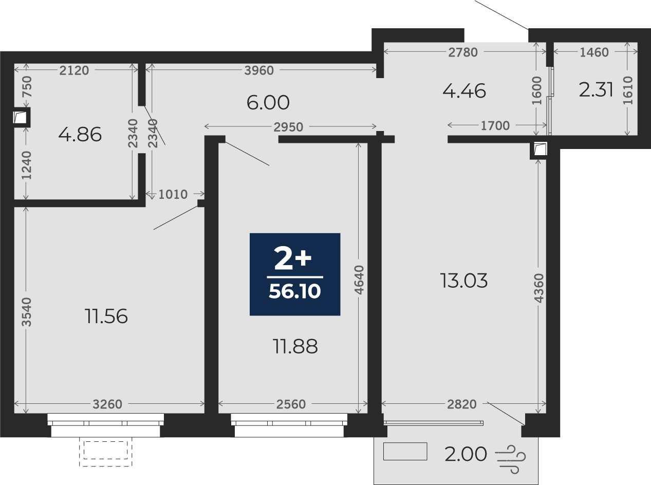 Квартира № 461, 2-комнатная, 56.1 кв. м, 2 этаж