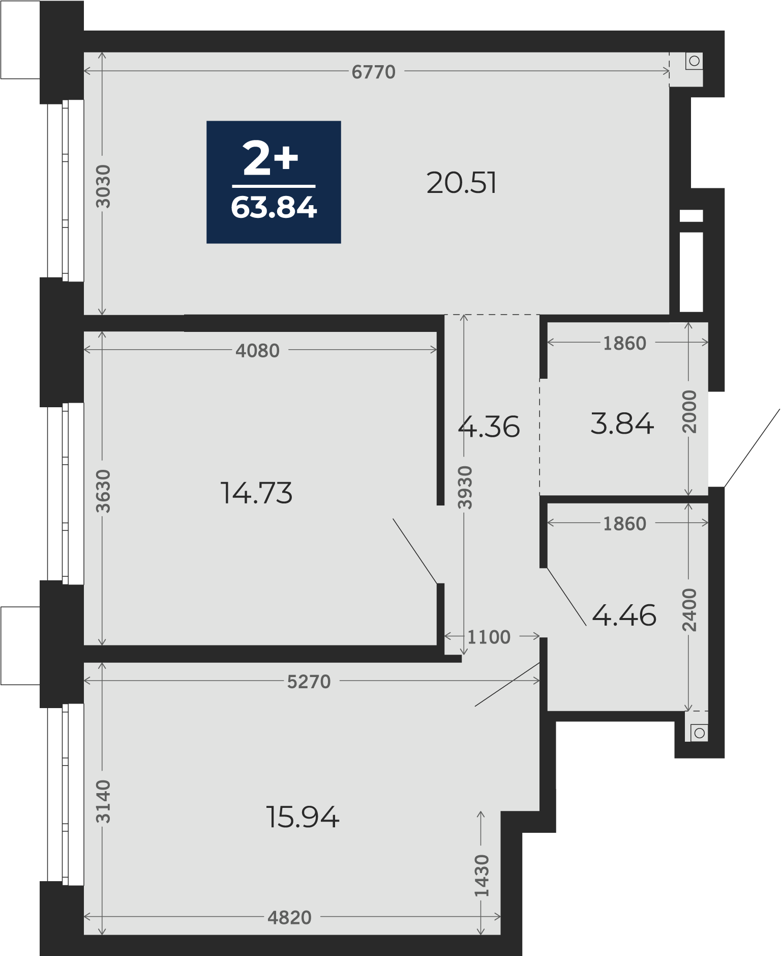 Квартира № 89, 2-комнатная, 63.84 кв. м, 2 этаж