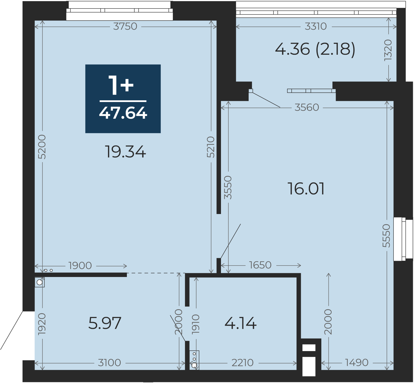 Квартира № 292, 1-комнатная, 47.64 кв. м, 2 этаж