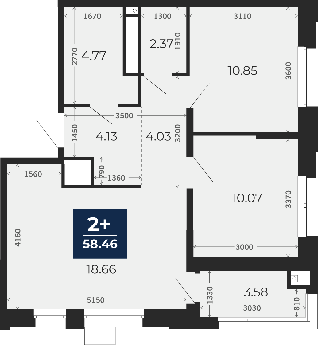 Квартира № 135, 2-комнатная, 58.46 кв. м, 8 этаж