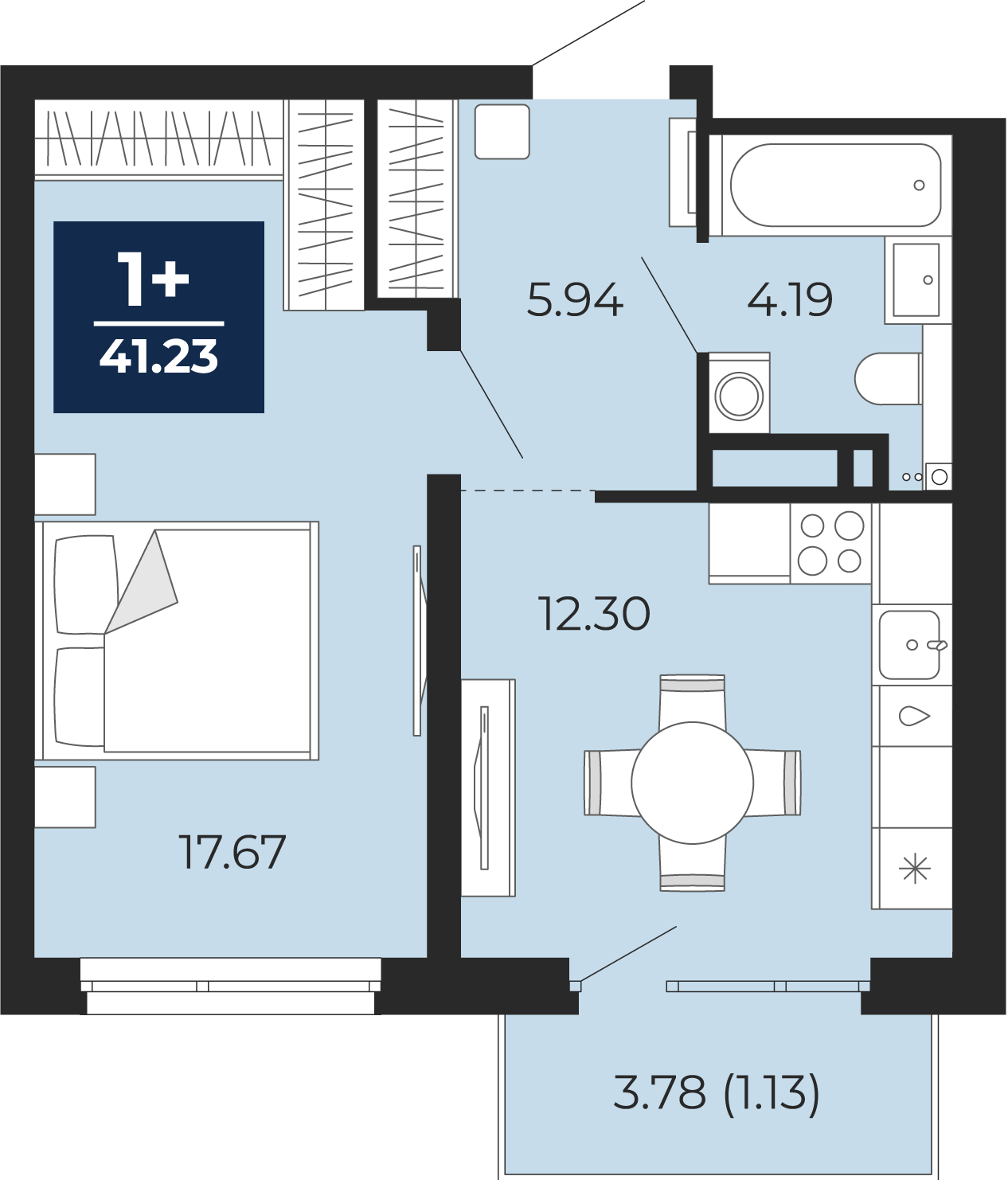 Квартира № 138, 1-комнатная, 41.23 кв. м, 4 этаж