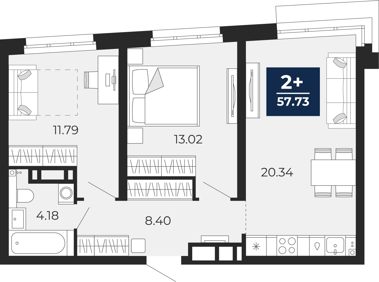 Квартира № 40, 2-комнатная, 57.73 кв. м, 6 этаж