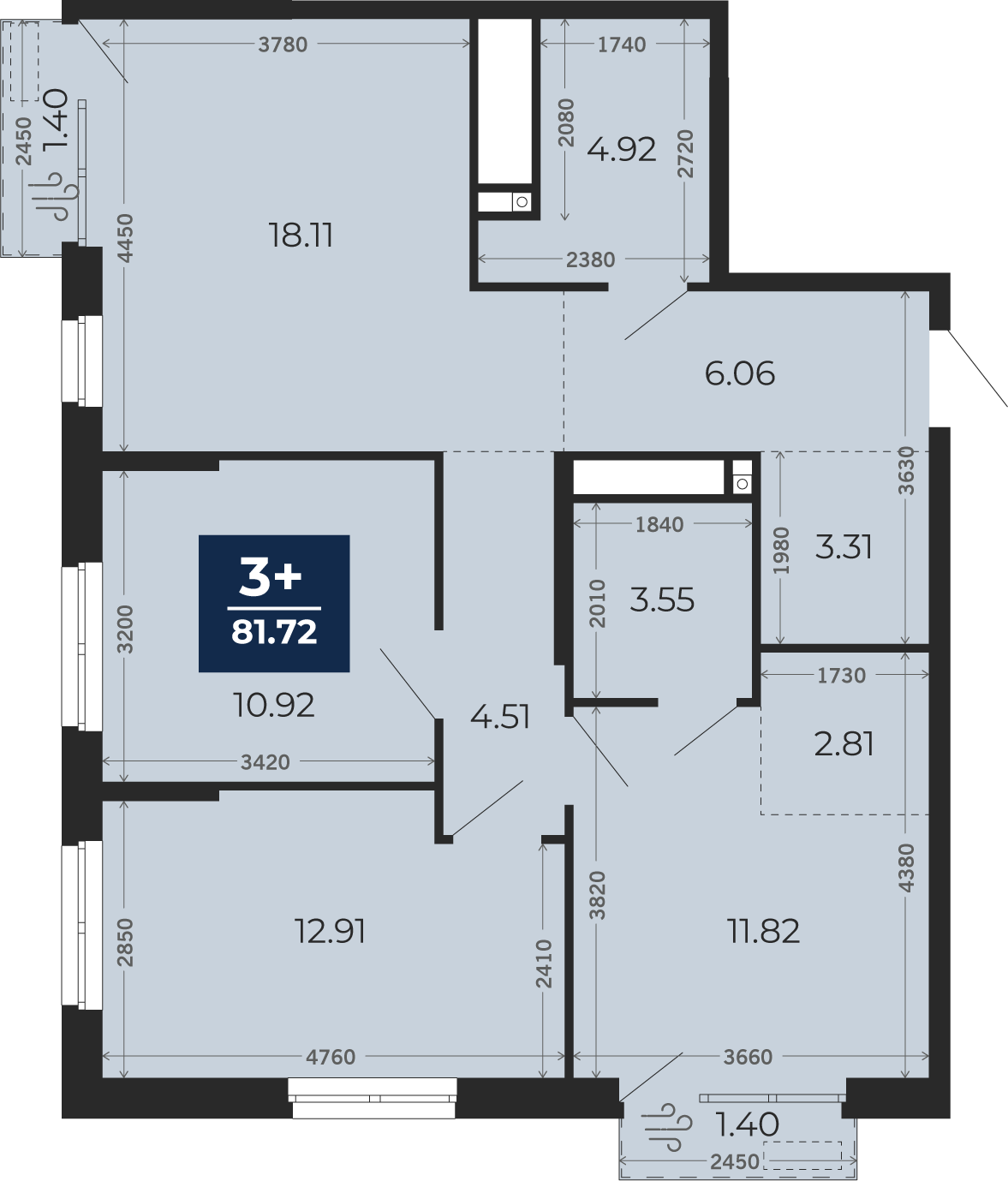 Квартира № 56, 3-комнатная, 81.72 кв. м, 13 этаж
