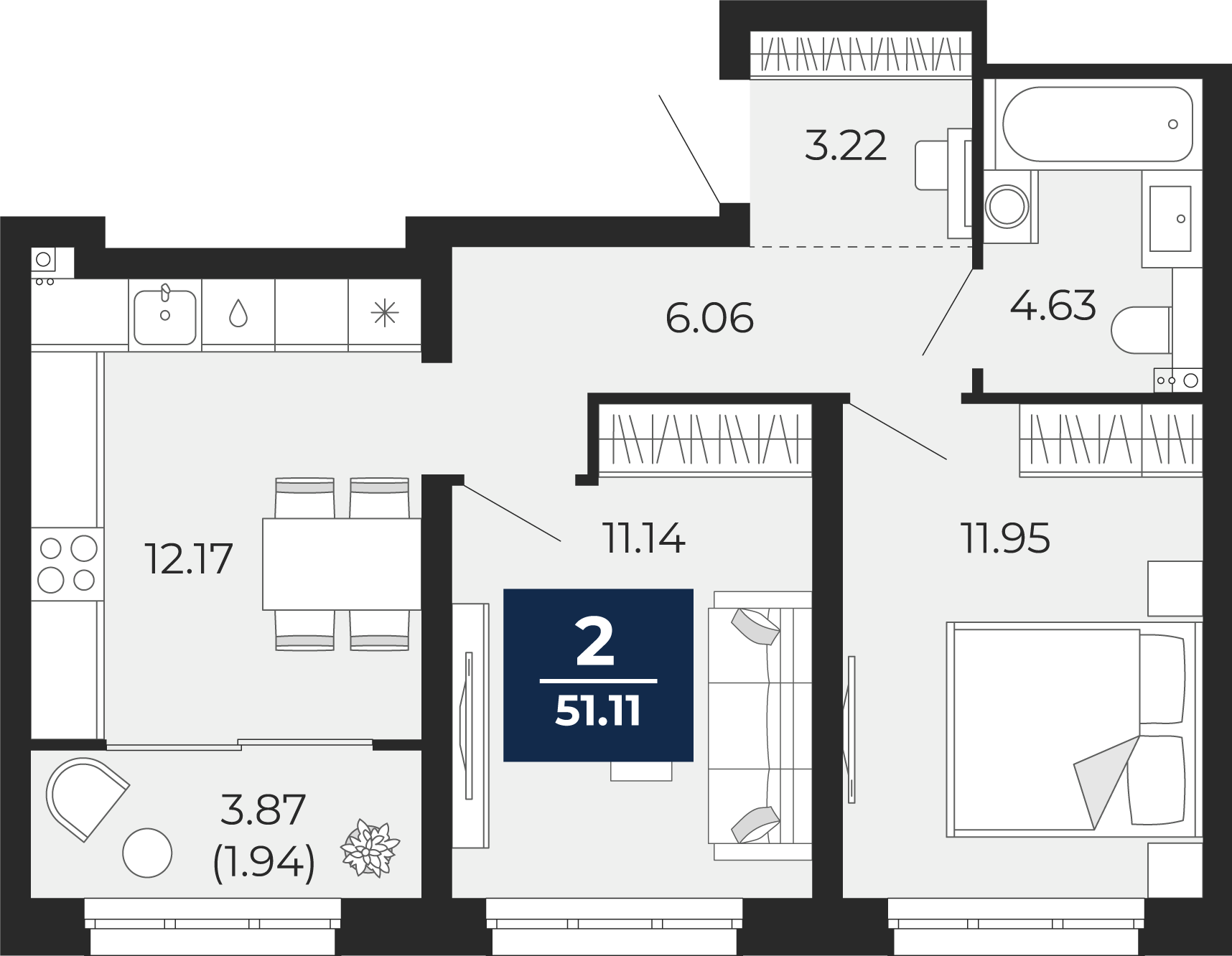 Квартира № 34, 2-комнатная, 51.11 кв. м, 8 этаж