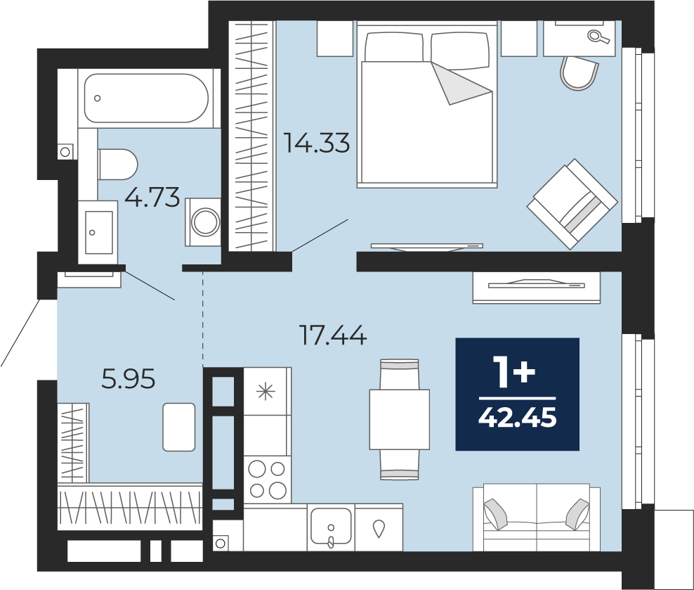 Квартира № 90, 1-комнатная, 42.45 кв. м, 1 этаж