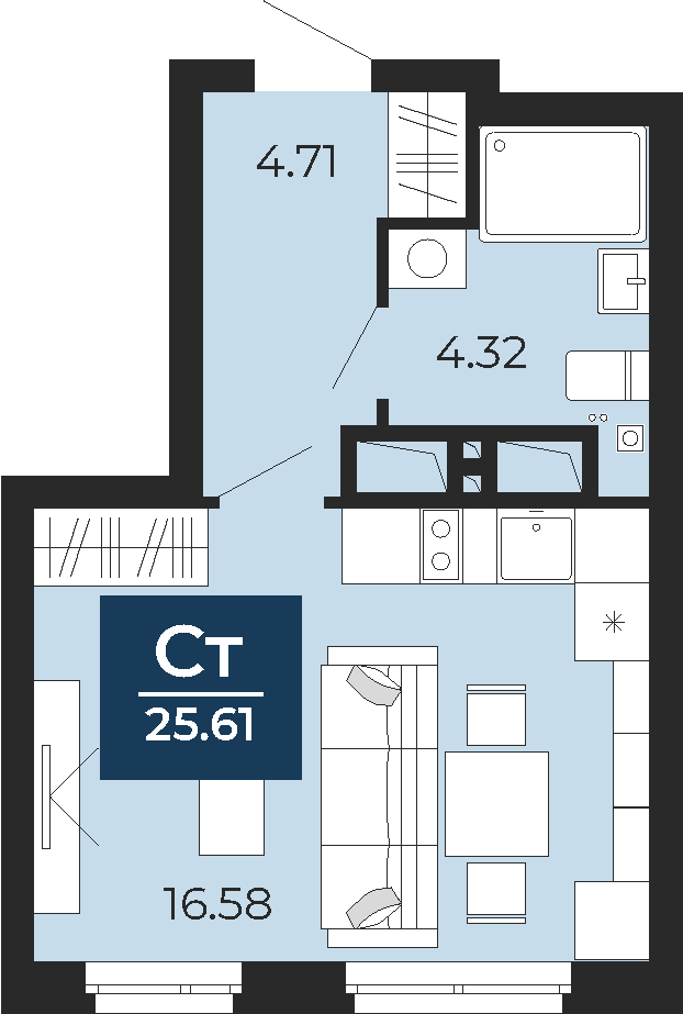 Квартира № 37, Студия, 25.61 кв. м, 4 этаж