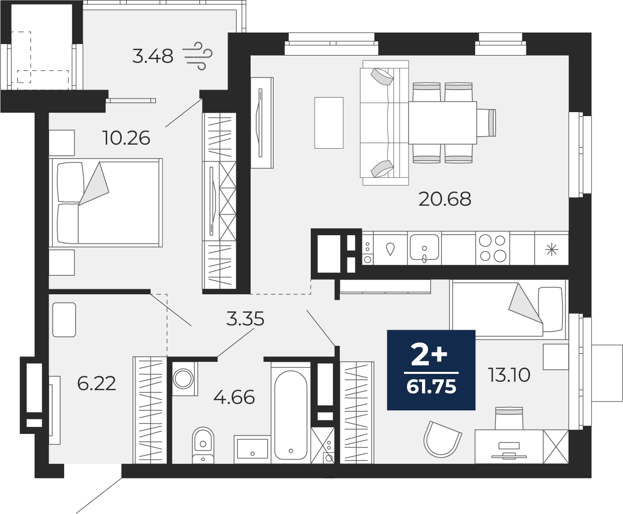 Планировка: Евротрешка 62 м² в ЖК Мириады, Мыс