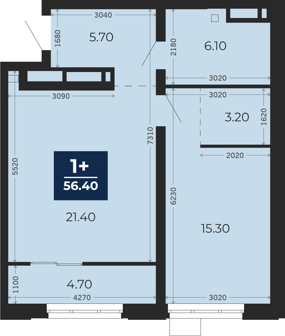 Квартира № 116, 1-комнатная, 56.4 кв. м, 4 этаж