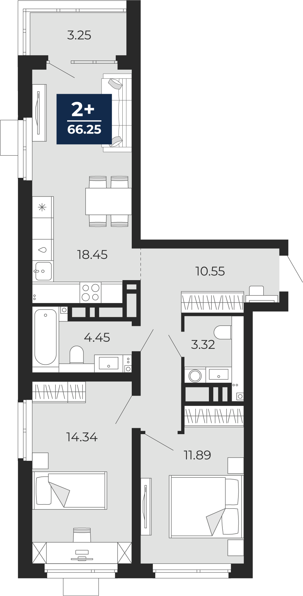 Квартира № 10, 2-комнатная, 66.25 кв. м, 2 этаж