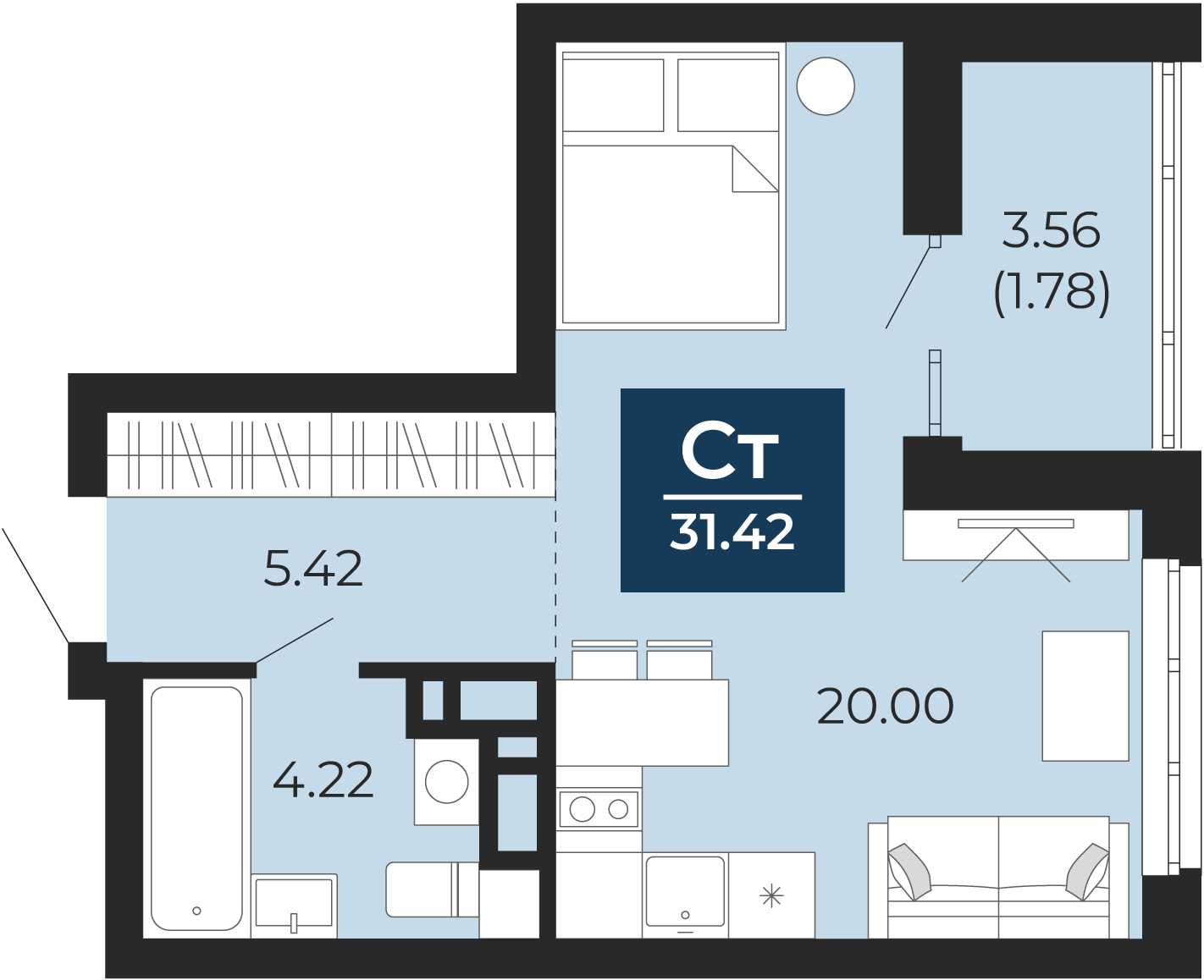 Квартира № 298, Студия, 31.42 кв. м, 6 этаж