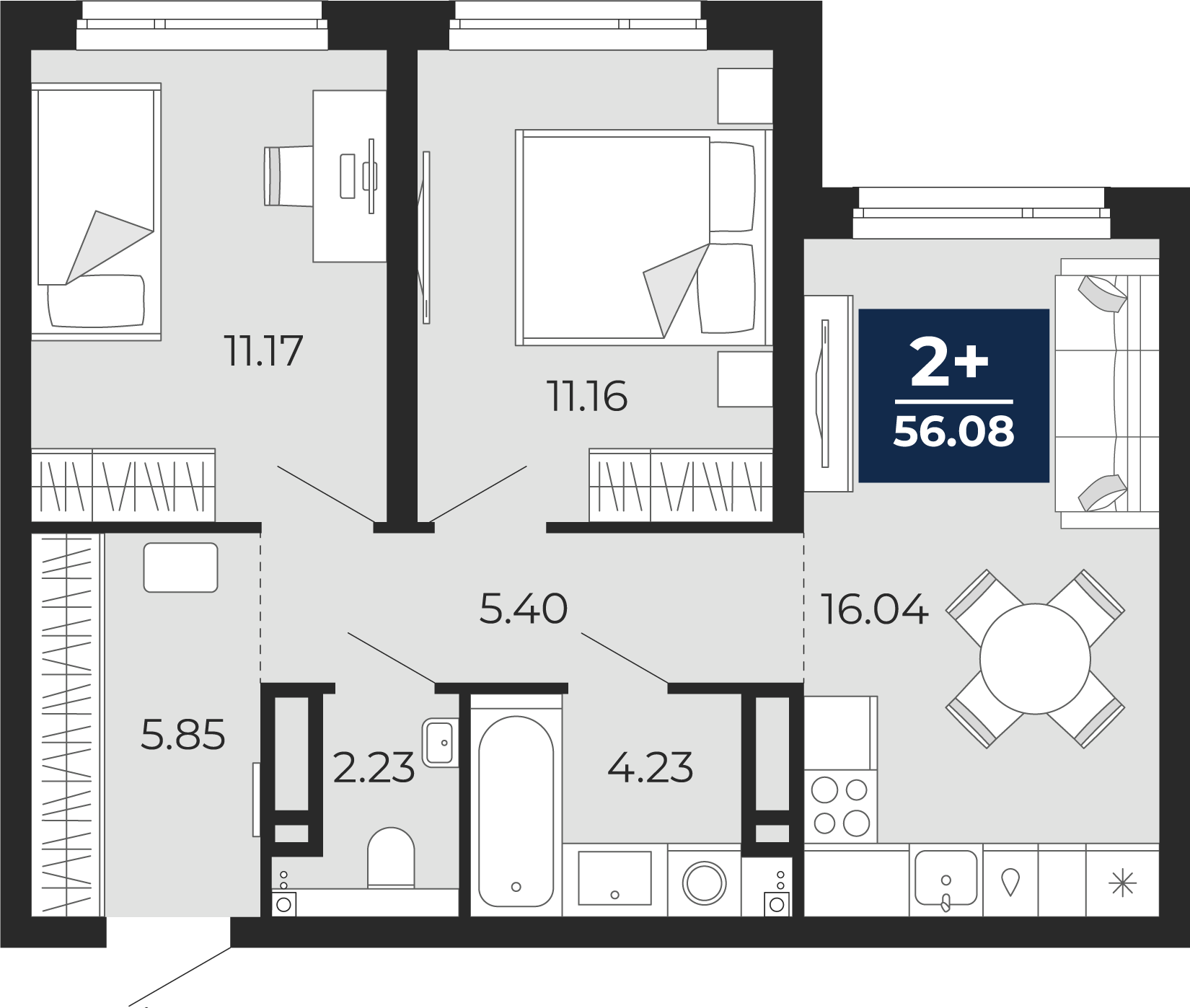 Квартира № 254, 2-комнатная, 56.08 кв. м, 15 этаж