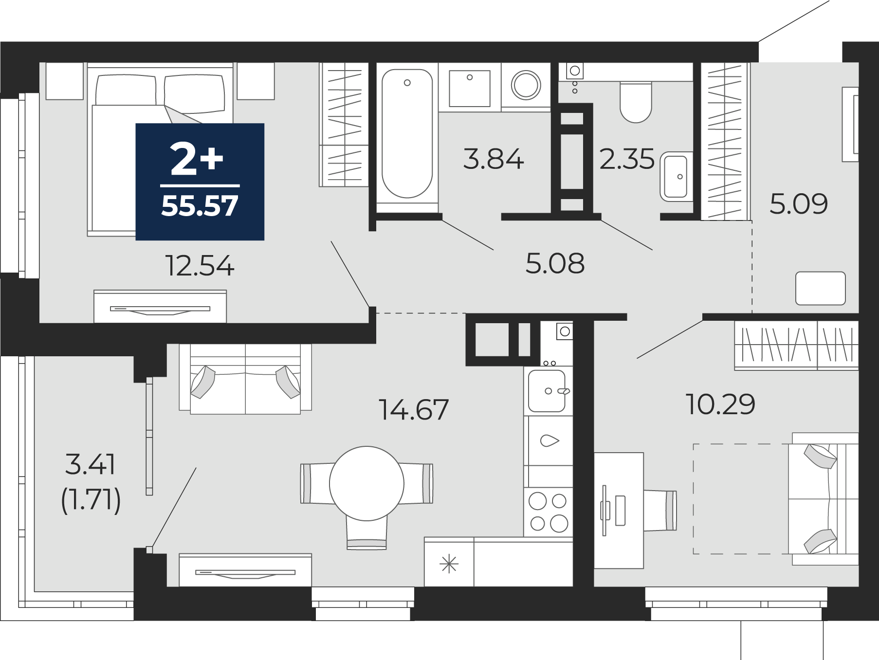 Квартира № 93, 2-комнатная, 55.57 кв. м, 13 этаж