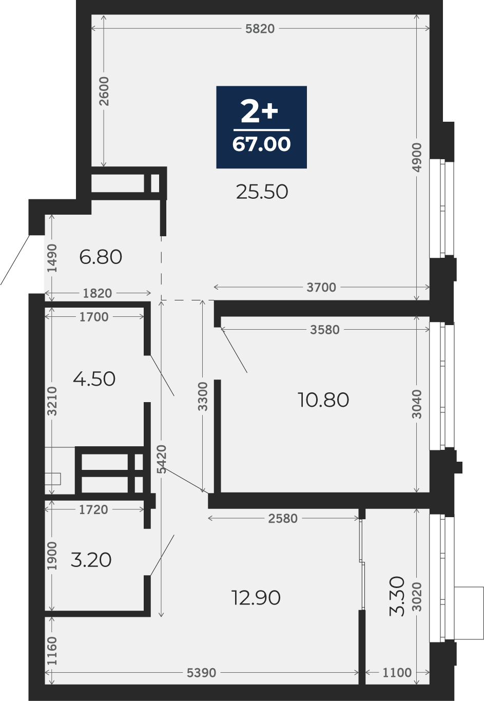 Квартира № 222, 2-комнатная, 67 кв. м, 20 этаж