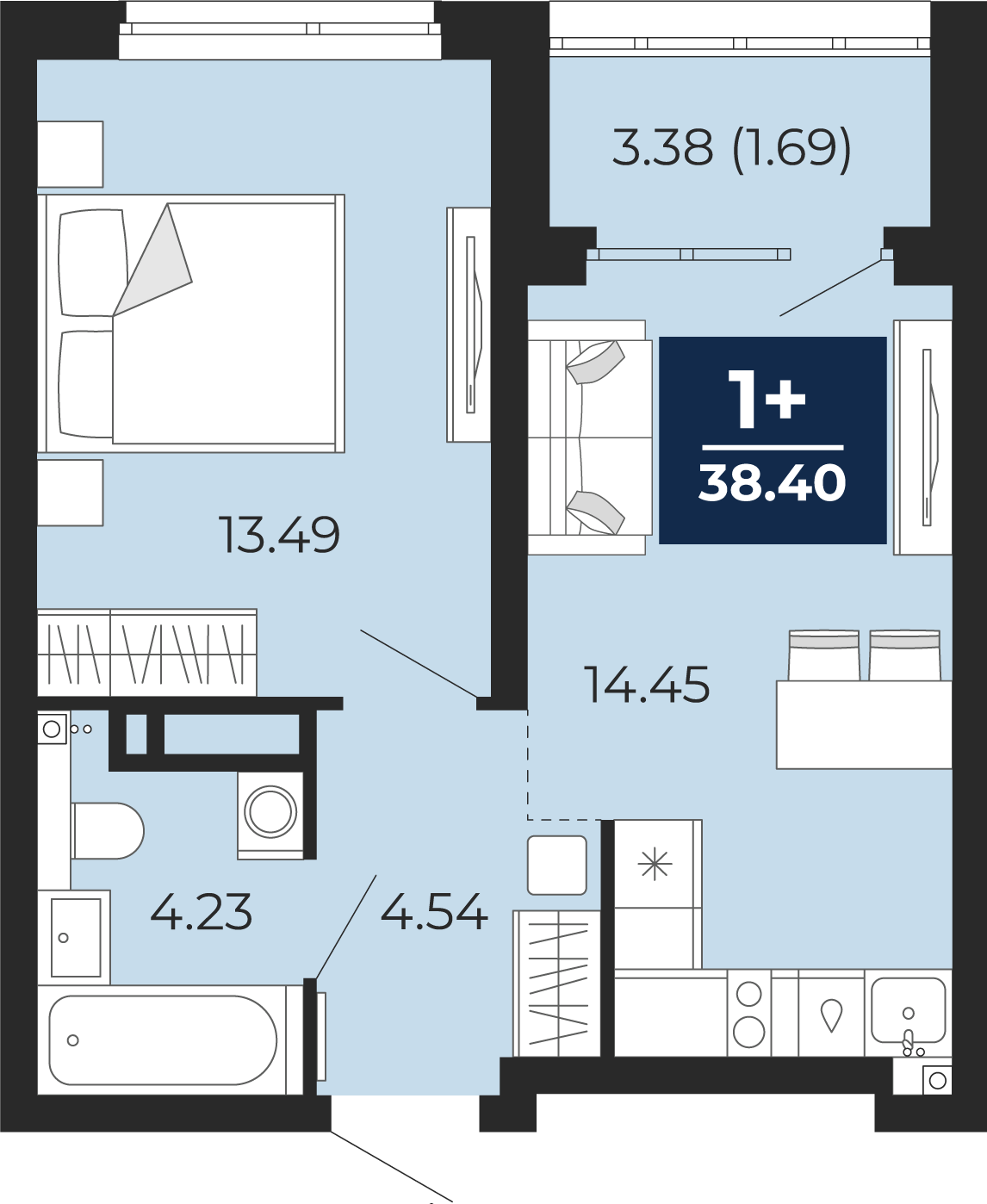 Квартира № 290, 1-комнатная, 38.4 кв. м, 19 этаж