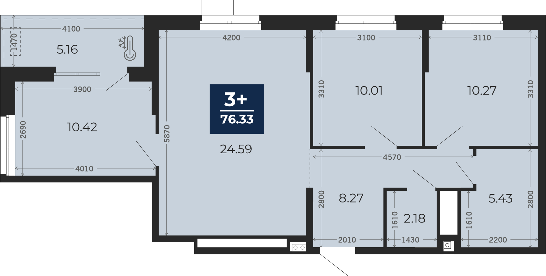 Квартира № 301, 3-комнатная, 76.33 кв. м, 15 этаж